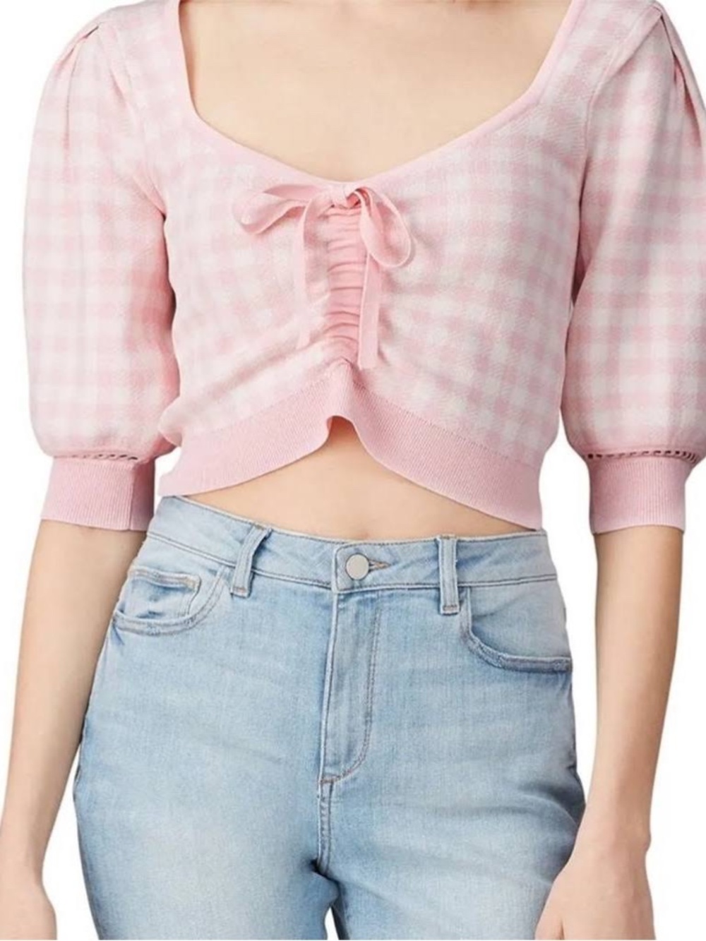 ASTR Pink and White Gingham Tie-Front Knit Top XS